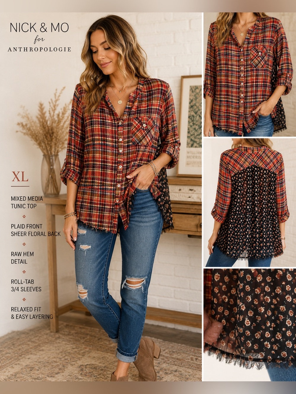 Anthropologie Nick & Mo XL Boho Plaid Mixed Media‎ Tunic Top Sheer Floral Back
